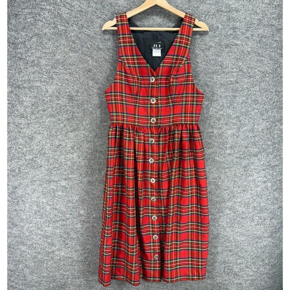 JLT Dress Women 10 Red Plaid Sheath Midi V-Neck Sleeveless Button V-Neck Rayon - Picture 1 of 7